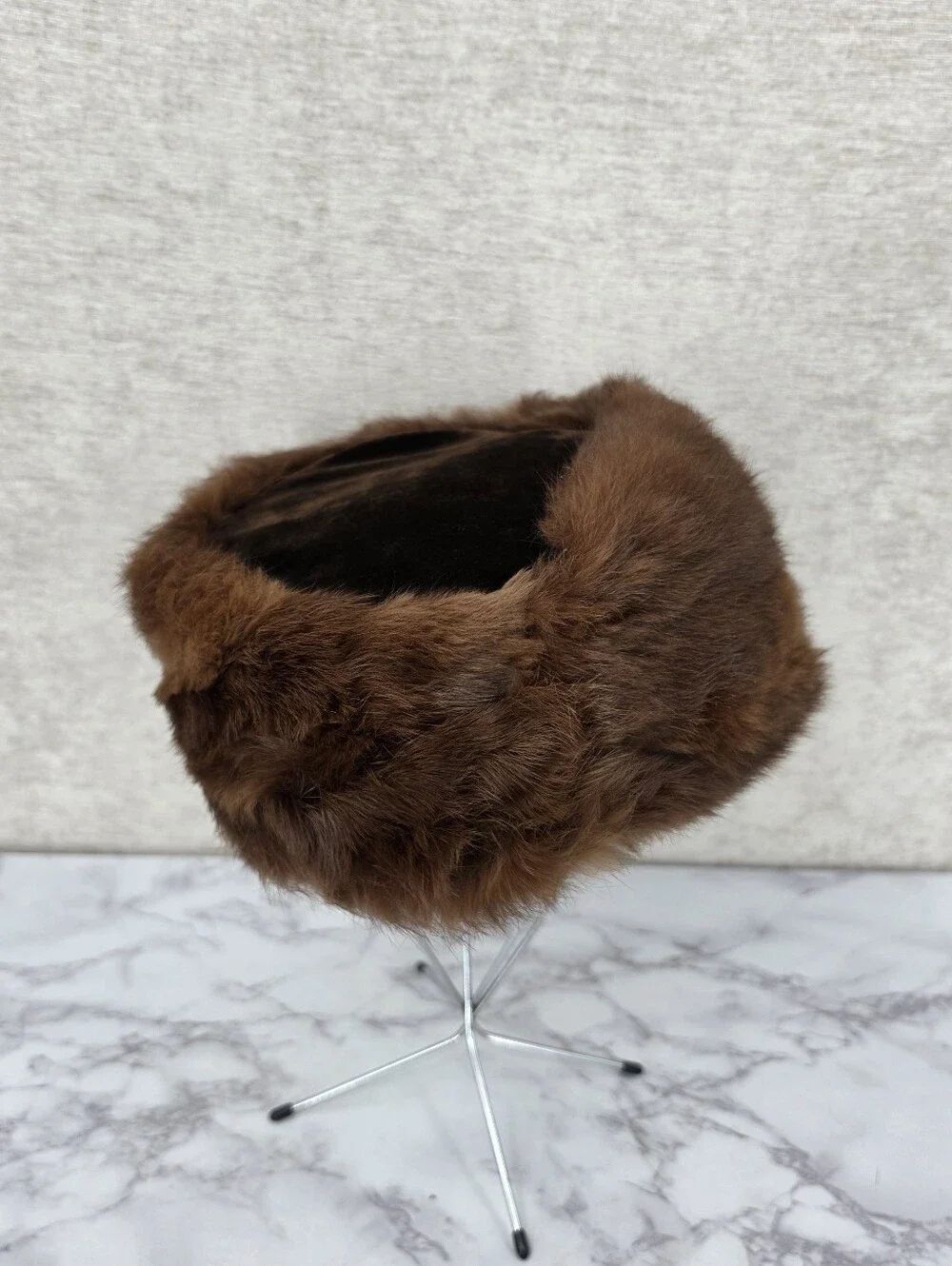 VintageβBrown Genuine Fur Pillbox Russian-Style Hat with Velvet Top